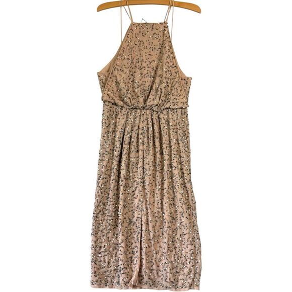NWT ASOS Drape Back Pencil Dress Iridescent Sequins Beads Blush Midi Women's 10 - Picture 7 of 13